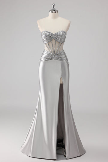 Grey Satin Strapless Long Beaded Mermaid Prom Dress with Slit